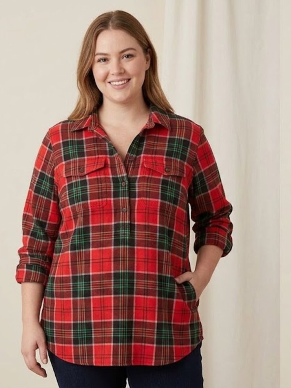Duluth Trading Co. womens flannel shirt medium popover plaid red long sleeve
